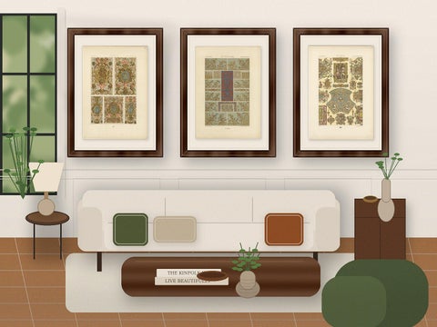 Three Original Renaissance Ornament Plates by Albert Racinet, 1873, shown framed