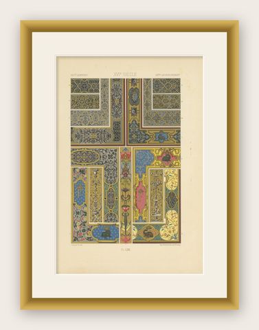Pl. 70 Antique Print of XVIth Century Ornaments by Racinet, circa 1890, shown framed