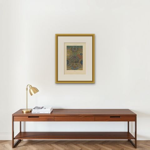 Pl. 59 Antique Print of Renaissance Ornaments by Racinet, circa 1890, shown framed on a wall, true to size