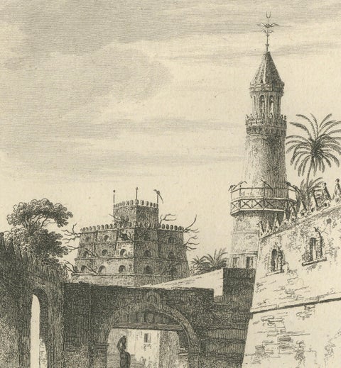 Egyptian City Architecture with Tower, Denon Engraving, 1802, close-up 5