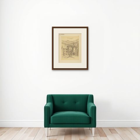 Pl. 4 Antique Print of a Living Room with Bay Window by Kramer, circa 1910, shown framed on a wall, true to size