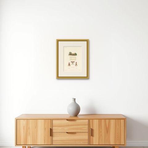 Antique Print of a Spirit House in New Zealand, shown framed on a wall, true to size