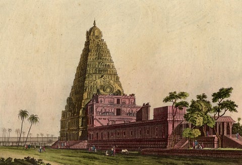 Rare and Hand Coloured Engraving of A Temple in South East Asia, 1827, close-up 1