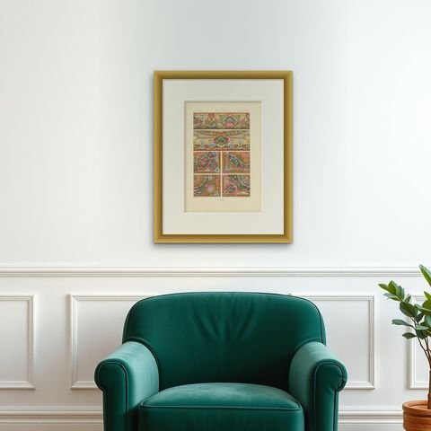 Pl. 88 Antique Print of XVIIIth Century Ornaments by Racinet, circa 1890, shown framed on a wall, true to size