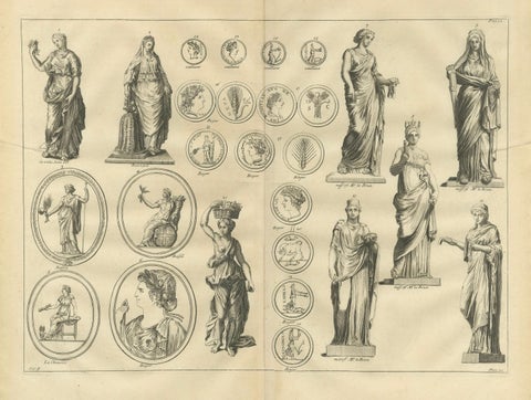 Roman Female Statues and Medallions, Montfaucon Antiquarian Engraving, 1721, close-up 1