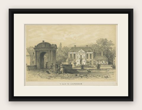 Antique Print of Huis Diepenheim Castle Near Deventer in Holland, 1875, shown framed