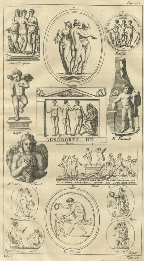 Classical Putti and Three Graces Engraving, Montfaucon Antiquité Expliquée 1721, close-up 1