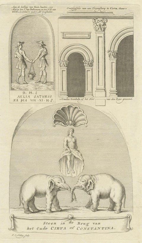 Old Print of Stone with Elephants from the Bridge of Constantine, Algeria, 1773, close-up 1