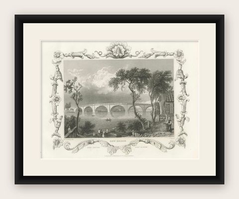 Charming Engraving of Kew Bridge over the River Thames, 1835, shown framed