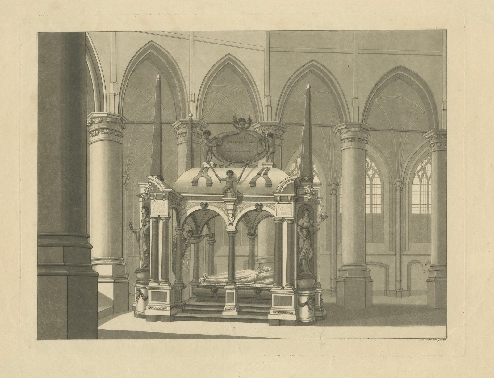 William the Silent Tomb, Antique Delft Nieuwe Kerk Engraving c.1840