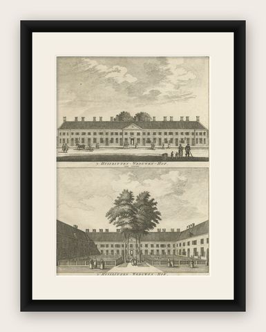 Antique Print of a Widows House in Amsterdam, The Netherlands, c.1760, shown framed