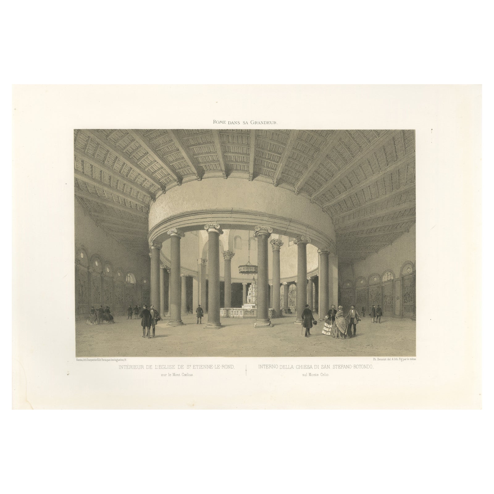 Interior of Santo Stefano Rotondo, Rome, Benoist 1869 Lithograph