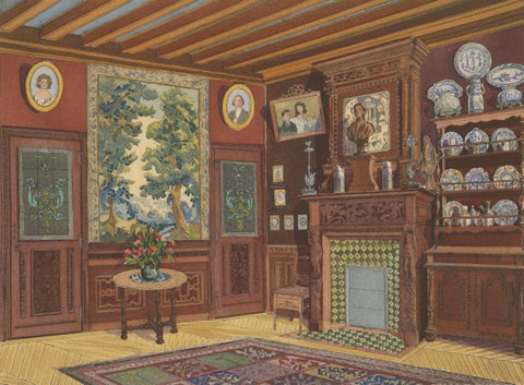 French Art Nouveau Interior Study with Delft Faience Collection, c.1900, close-up 2