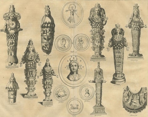 Antique Roman Ephesian Artemis Statues, Montfaucon Classical Engraving 1721, close-up 2