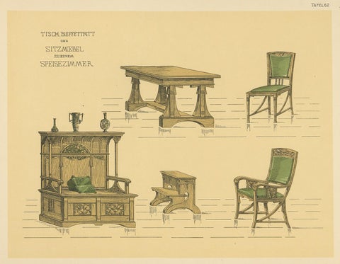 Pl. 62 Antique Print of Dining Room Furniture by Kramer, circa 1910, view 4