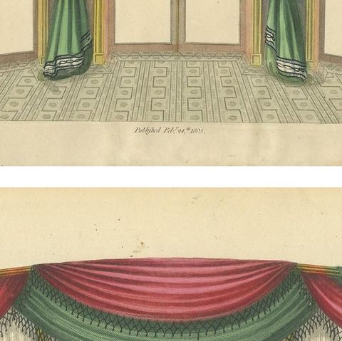 Set of 2 Antique Prints of Windows and Drapery by Sheraton '1805', close-up 2