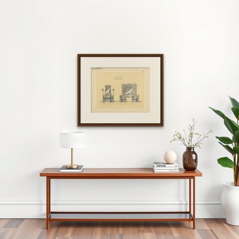 Antique Design Print of Entryway Furniture by Kramer, circa 1910, shown framed on a wall, true to size