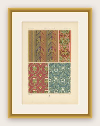 Pl. 53 Antique Print of Middle Ages Design from Textiles by Racinet, circa 1890, shown framed
