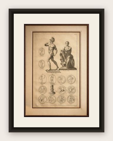 Antique Classical Wall Engraving, Roman Mythology, Montfaucon 1721, shown framed