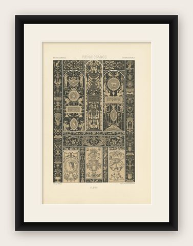 Pl. 56 Antique Print of Renaissance Ornaments by Racinet, circa 1890, shown framed