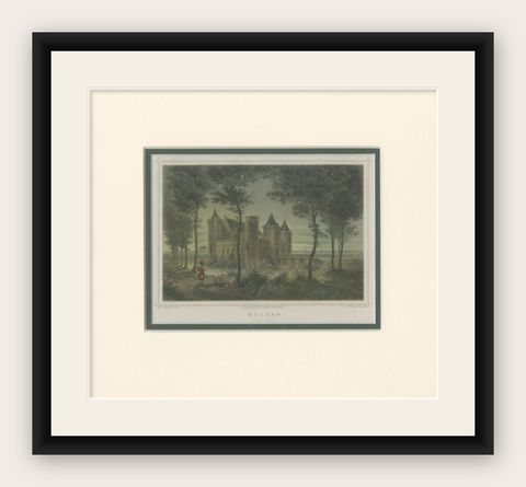 Antique Print of Muiden Castle in the Netherlands, circa 1858, shown framed