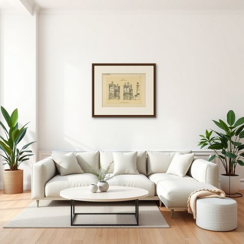 Pl. 66 Antique Print of Library Furniture by Kramer, circa 1910, shown framed in a room, true to size