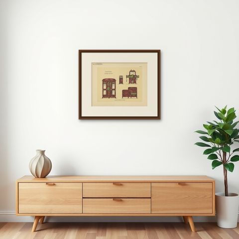 Pl. 50 Antique Print of Bedroom Furniture by Kramer 'circa 1910', shown framed on a wall, true to size