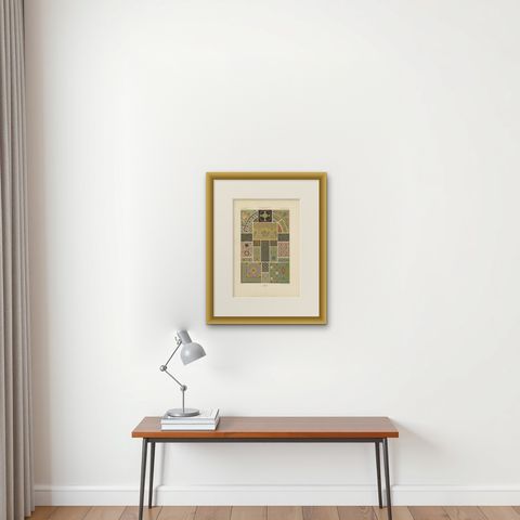 Pl. 33 Antique Print of Byzantine Ornaments by Racinet, circa 1890, shown framed on a wall, true to size