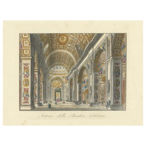 Interno della Basilica Vaticana, Antique Hand-Coloured Interior View (c.1840)