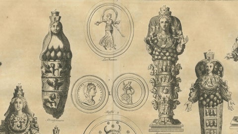 Antique Roman Ephesian Artemis Statues, Montfaucon Classical Engraving 1721, close-up 3