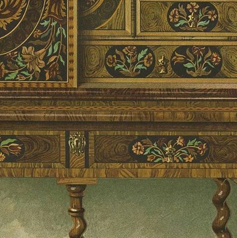 Antique Print of English Furniture 'Walnut Cabinet' by P. Macquoid, 1906, close-up 2