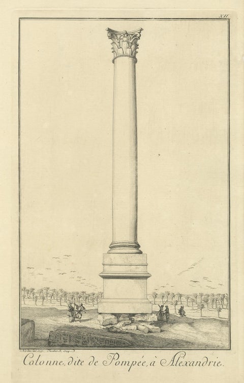 Pompey’s Column, Alexandria, Antique Egypt Engraving by Norden, 1755, close-up 1