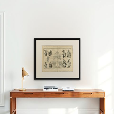 Monumental Mythological Scene, Classical Figures and Clouds, Montfaucon, 1721, shown framed on a wall, true to size