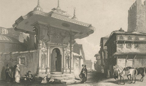 Constantinople Street Scene, Antique Print, Ottoman Fountain, 1850, close-up 3