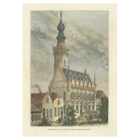 1875 Engraving of the Historic City Hall in Veere in Zeeland by E. Thérond