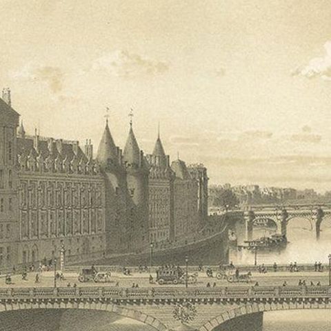 Antique Print of the Pont au Change and Palace of Justice by Benoist, 1861, close-up 1