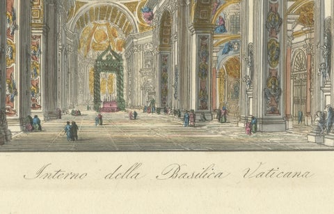 Interno della Basilica Vaticana, Antique Hand-Coloured Interior View (c.1840), close-up 4
