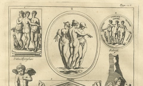 Classical Putti and Three Graces Engraving, Montfaucon Antiquité Expliquée 1721, close-up 2