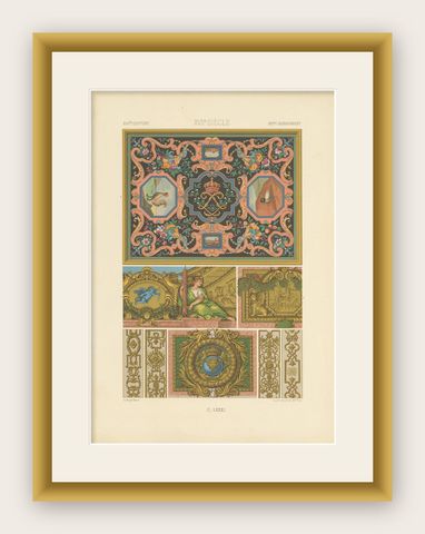 Pl. 81 Antique Print of 17th Century Ornaments by Racinet, 'circa 1890', shown framed