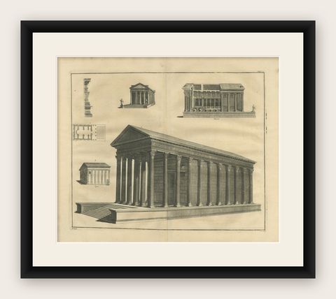 Monumental Roman Temple Architecture Engraving, Montfaucon 1721, shown framed