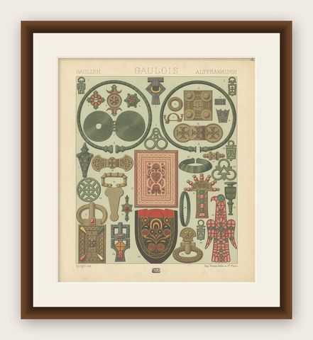 Pl. 1 Antique Print of French Decorative Objects by Racinet 'circa 1880', shown framed