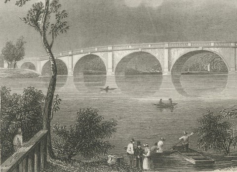 Charming Engraving of Kew Bridge over the River Thames, 1835, close-up 1