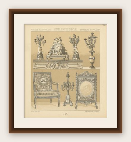 Pl 111 Antique Print of French 18th Century Decorative Objects by Racinet, shown framed
