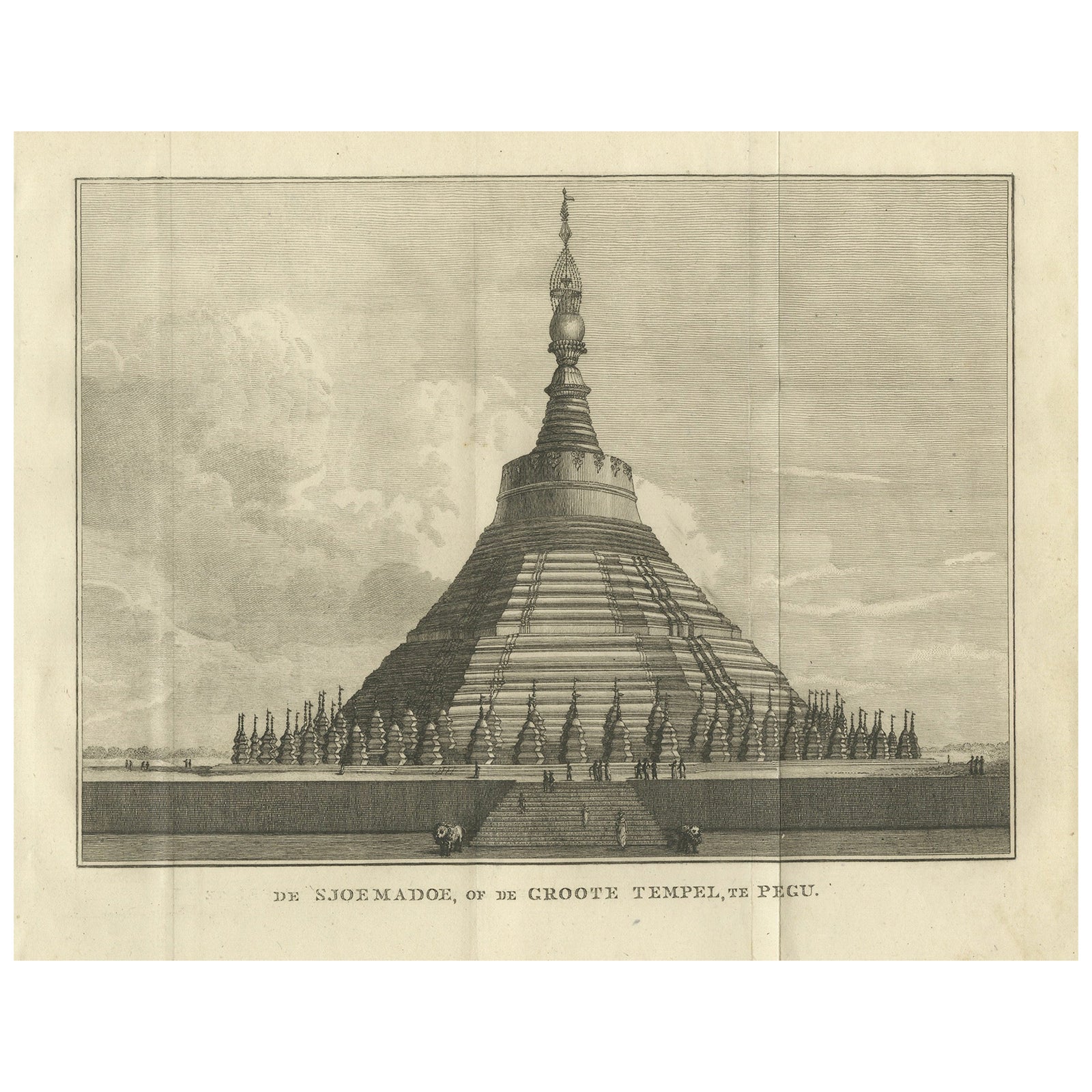 Shwemawdaw Pagoda in Pegu, Antique Engraving of the Great Temple of Burma, 1800
