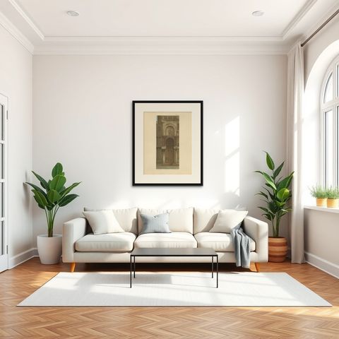 Pl. 10 Antique Print of the Main Facade of the Basilica of San Marco, shown framed in a room, true to size
