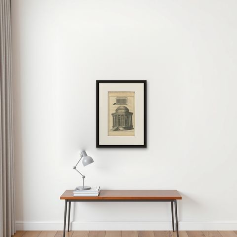 Temple of Vesta & Classical Rotunda Engraving, Montfaucon 1721, shown framed on a wall, true to size