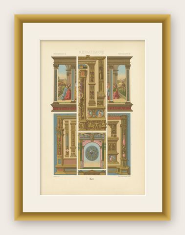 Pl. 80 Antique Print of Renaissance Architectural &Metalwork by Racinet 'c.1890', shown framed