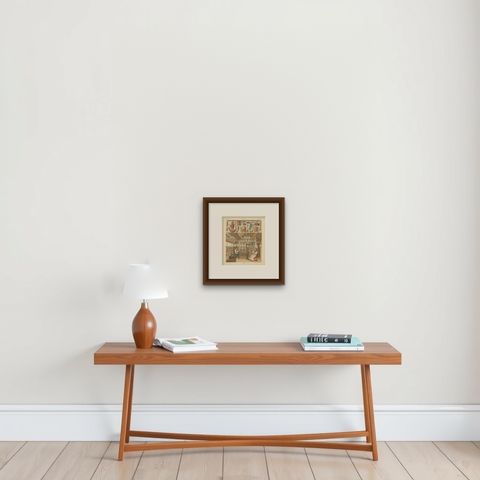 Pl. 125 Antique Print of Swedish Interior of Racinet, 'circa 1880', shown framed on a wall, true to size