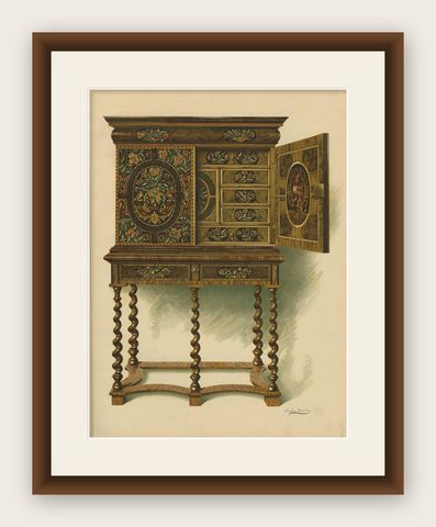 Antique Print of English Furniture 'Walnut Cabinet' by P. Macquoid, 1906, shown framed