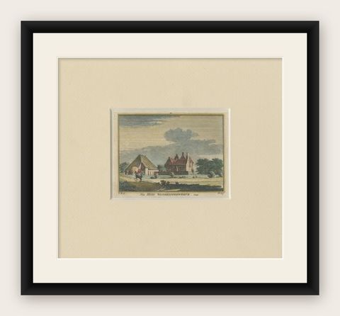 Antique Print of 'Huis Waterloozewerve' Castle in Aagtekerke, the Netherlands, shown framed